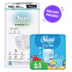 Pachet Promo Scutece Sleepy Natural Premium Nr. 3 (46 buc, 4-9 kg) + Scutece Chiloțel pentru Apă Nr. 4-5 (17 buc, 7-18 kg)