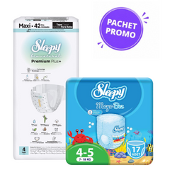 Pachet Promo Scutece Sleepy Natural Premium Nr. 4 (42 buc, 7-14 kg) + Scutece Chiloțel pentru Apă Nr. 4-5 (17 buc, 7-18 kg)