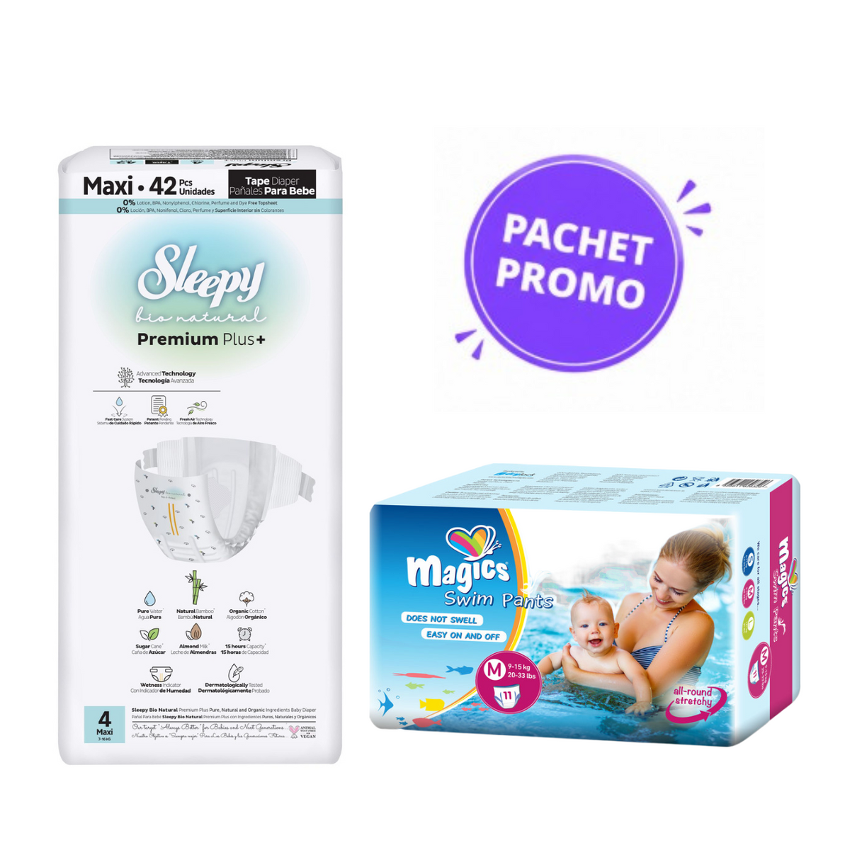Pachet Promo Scutece Sleepy Natural Premium Nr. 4 (42 buc, 7-14 kg) + Scutece Chiloțel pentru Apă marimea M (11 buc, 9-15 kg)