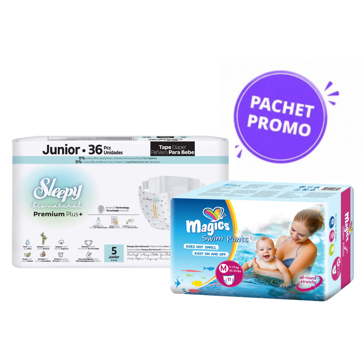 Pachet Promo Scutece Sleepy Natural Premium Nr. 5 (36 buc, 11-18 kg) + Scutece Chiloțel pentru Apă marimea M (11 buc, 9-15 kg)