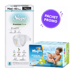 Pachet Promo Scutece Sleepy Natural Premium Nr. 4 (42 buc, 7-14 kg) + Scutece Chiloțel pentru Apă marimea L (10 buc, +14 kg)