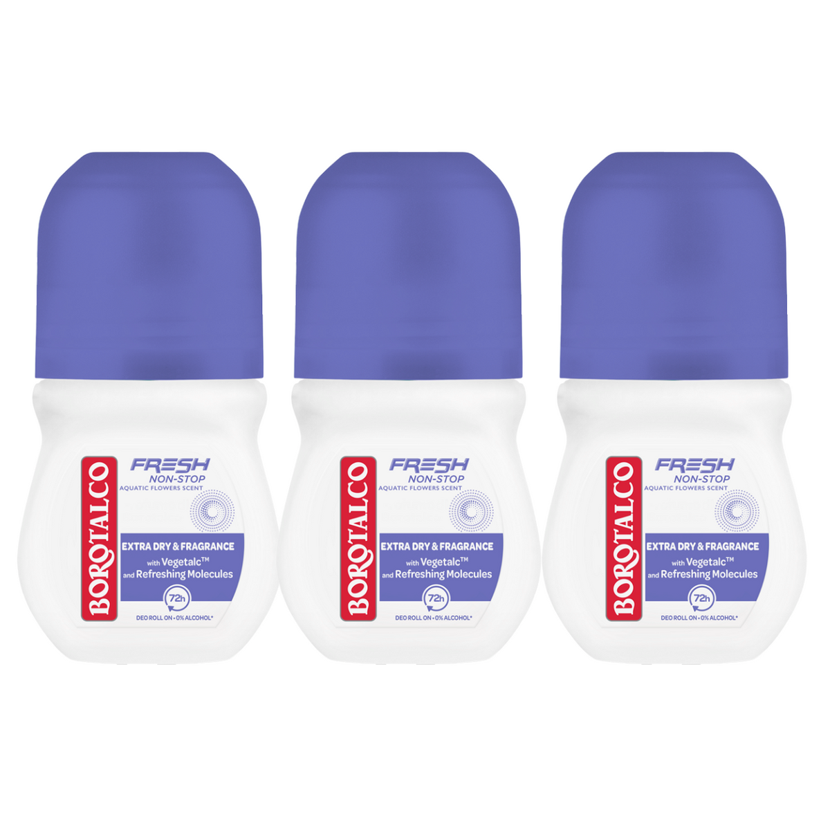 3x Deodorant roll-on Fresh Non-Stop Aquatic Flowers Scent, 50 ml, Borotalco