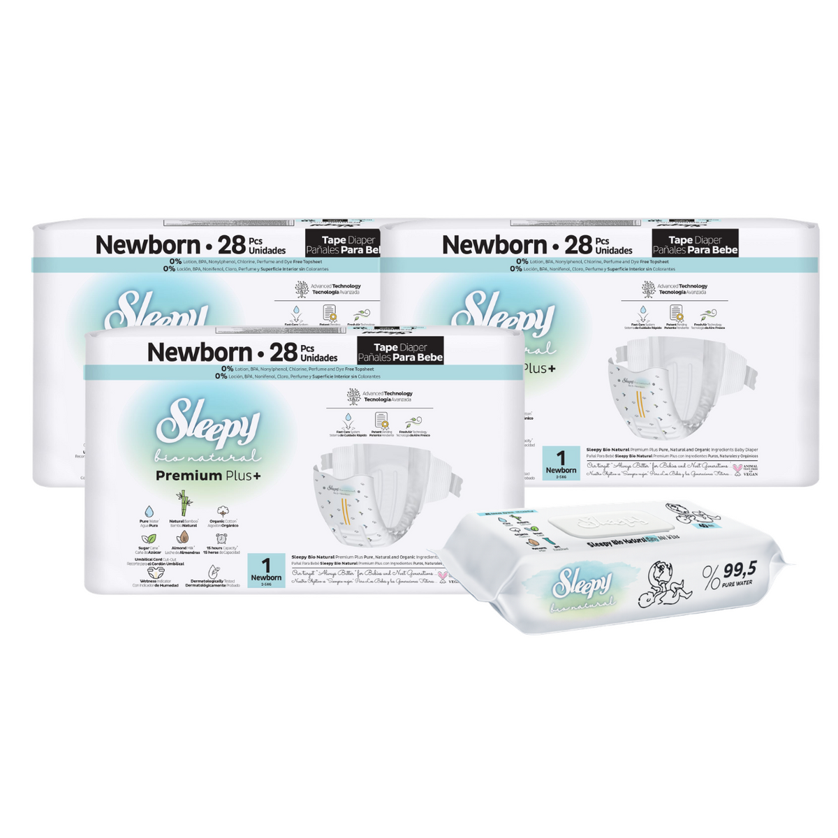 3x SLEEPY BIO NATURAL PREMIUM Scutece 1 Newborn 28buc + 1 x Șervețele Umede pentru copii cu 99,5% Apă Pură, 40 bucati (cadou)