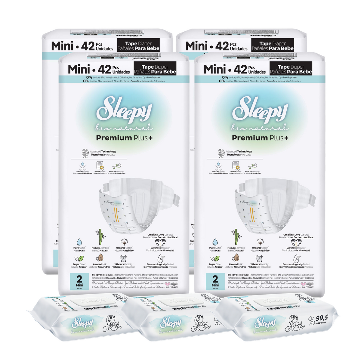 4x SLEEPY BIO NATURAL PREMIUM Scutece 2 Mini 42buc + 3x Șervețele Umede pentru copii cu 99,5% Apă Pură, 40 bucati (cadou)