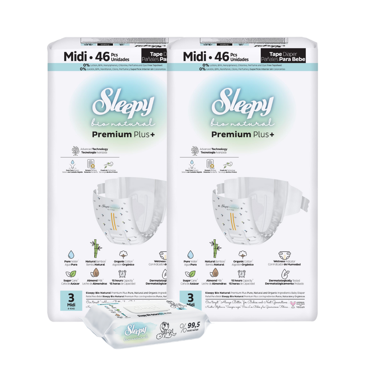 2x SLEEPY BIO NATURAL PREMIUM Scutece 3 Midi 46buc + 1x Șervețele Umede pentru copii cu 99,5% Apă Pură, 40 bucati (cadou)