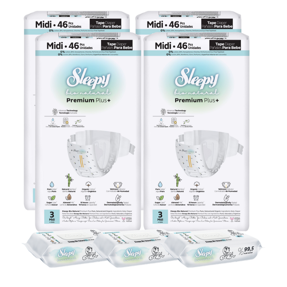 4x SLEEPY BIO NATURAL PREMIUM Scutece 3 Midi 46buc + 3x Șervețele Umede pentru copii cu 99,5% Apă Pură, 40 bucati (cadou)