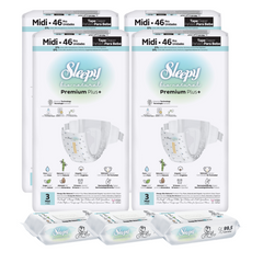 4x SLEEPY BIO NATURAL PREMIUM Scutece 3 Midi 46buc + 3x Șervețele Umede pentru copii cu 99,5% Apă Pură, 40 bucati (cadou)