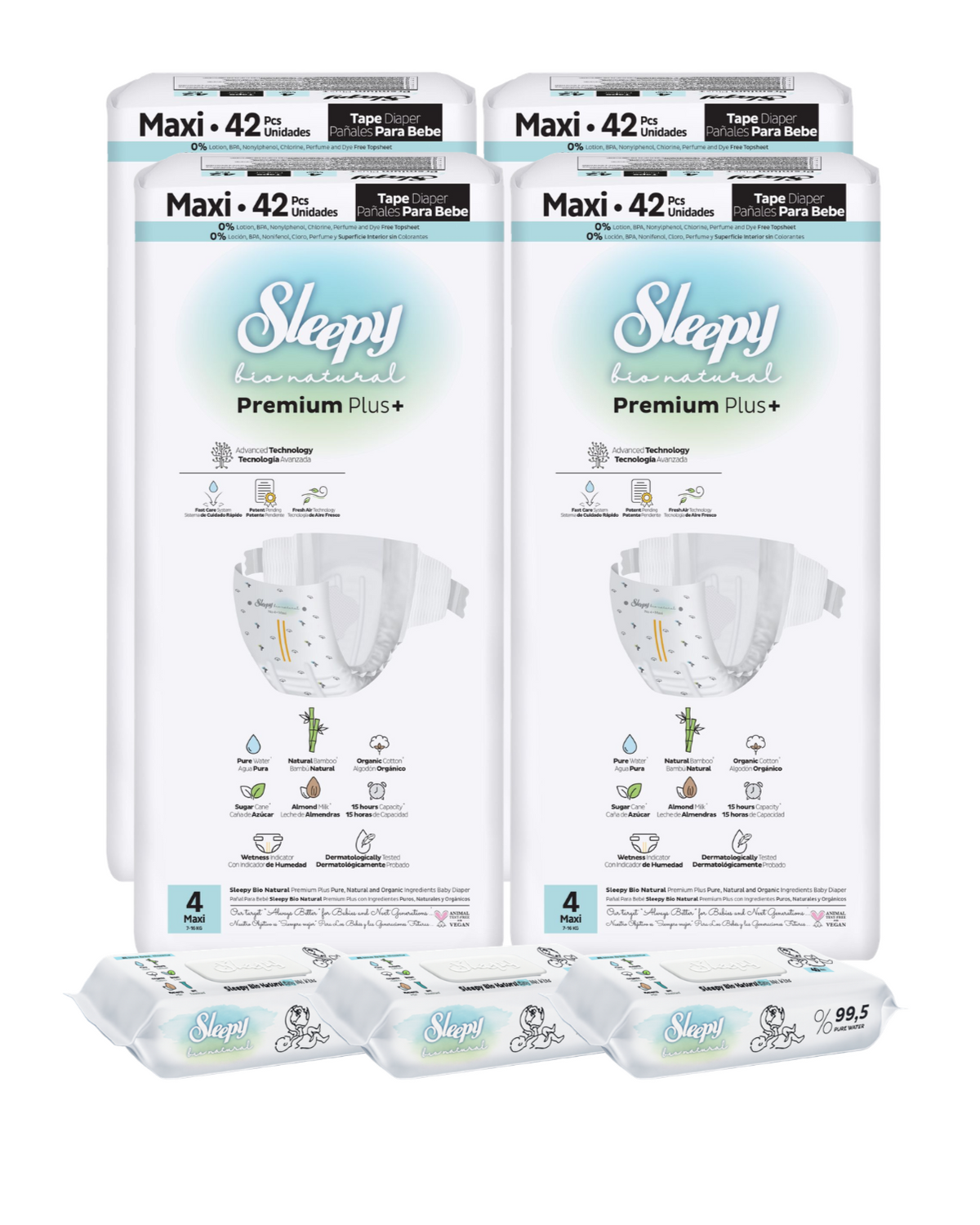 4x SLEEPY BIO NATURAL PREMIUM Scutece 4 Maxi 42buc + 3x Șervețele Umede pentru copii cu 99,5% Apă Pură, 40 bucati (cadou)