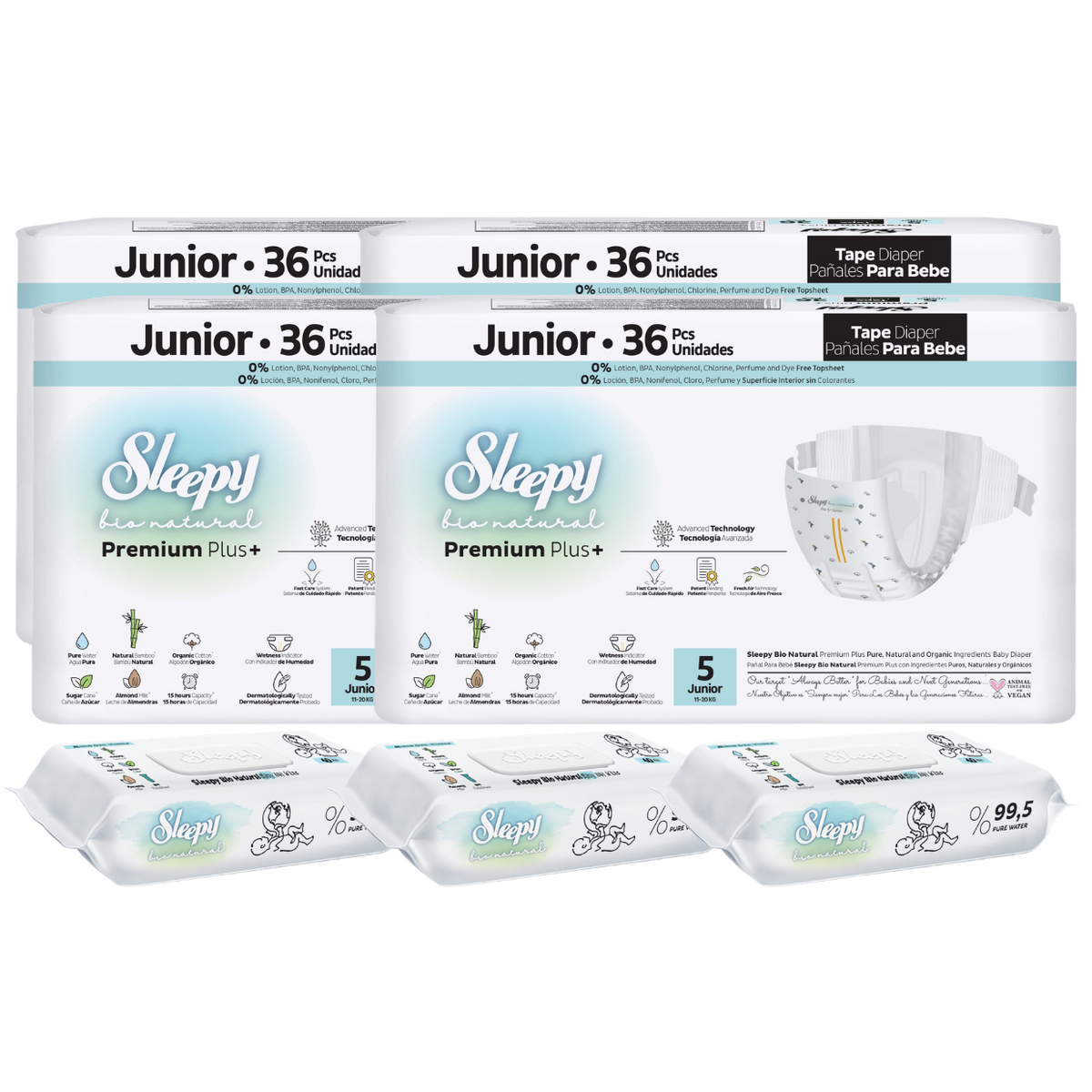 4x SLEEPY BIO NATURAL PREMIUM Scutece 5 Junior 36buc + 3x Șervețele Umede pentru copii cu 99,5% Apă Pură, 40 bucati (cadou)