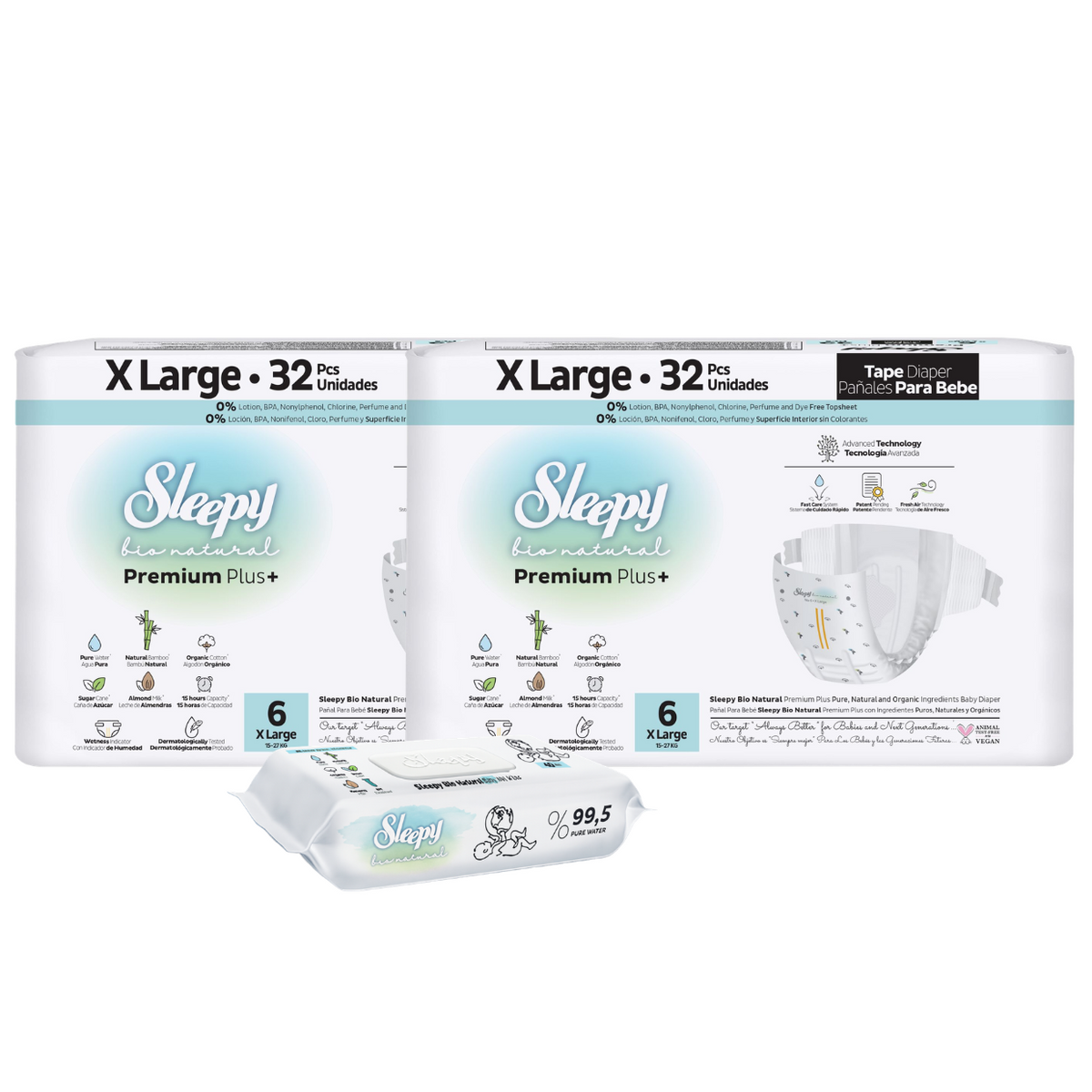2x SLEEPY BIO NATURAL PREMIUM Scutece 6 XLarge 32buc + 1x Șervețele Umede pentru copii cu 99,5% Apă Pură, 40 bucati (cadou)