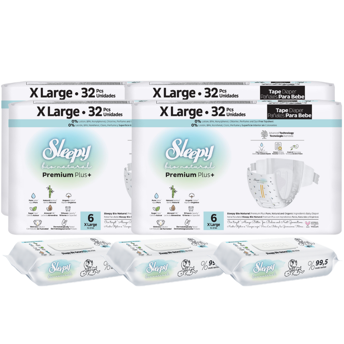 4x SLEEPY BIO NATURAL PREMIUM Scutece 6 XLarge 32buc +3x Șervețele Umede pentru copii cu 99,5% Apă Pură, 40 bucati (cadou)