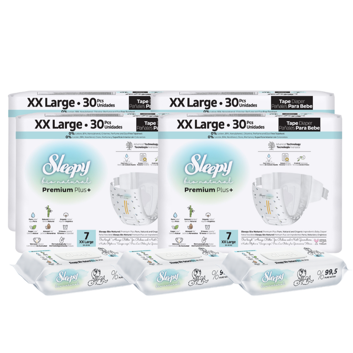 4x SLEEPY BIO NATURAL PREMIUM Scutece 7 XXLarge 30buc + 3x Șervețele Umede pentru copii cu 99,5% Apă Pură, 40 bucati (cadou)