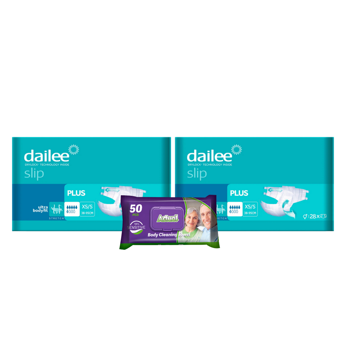 2x DAILEE Slip Plus Scutece Adulti  5.5 Pic XS/S 28 + 1x Servetele umede Actual, 50 buc (cadou)