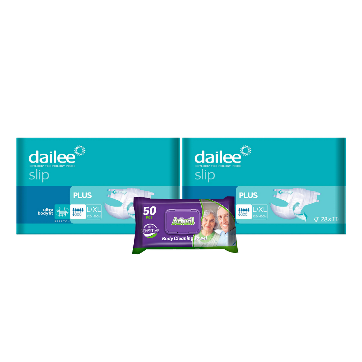 2x DAILEE SLIP Plus Scutece Adulti 5.5 Pic. L/XL 28 + 1x Servetele umede Actual, 50 buc (cadou)