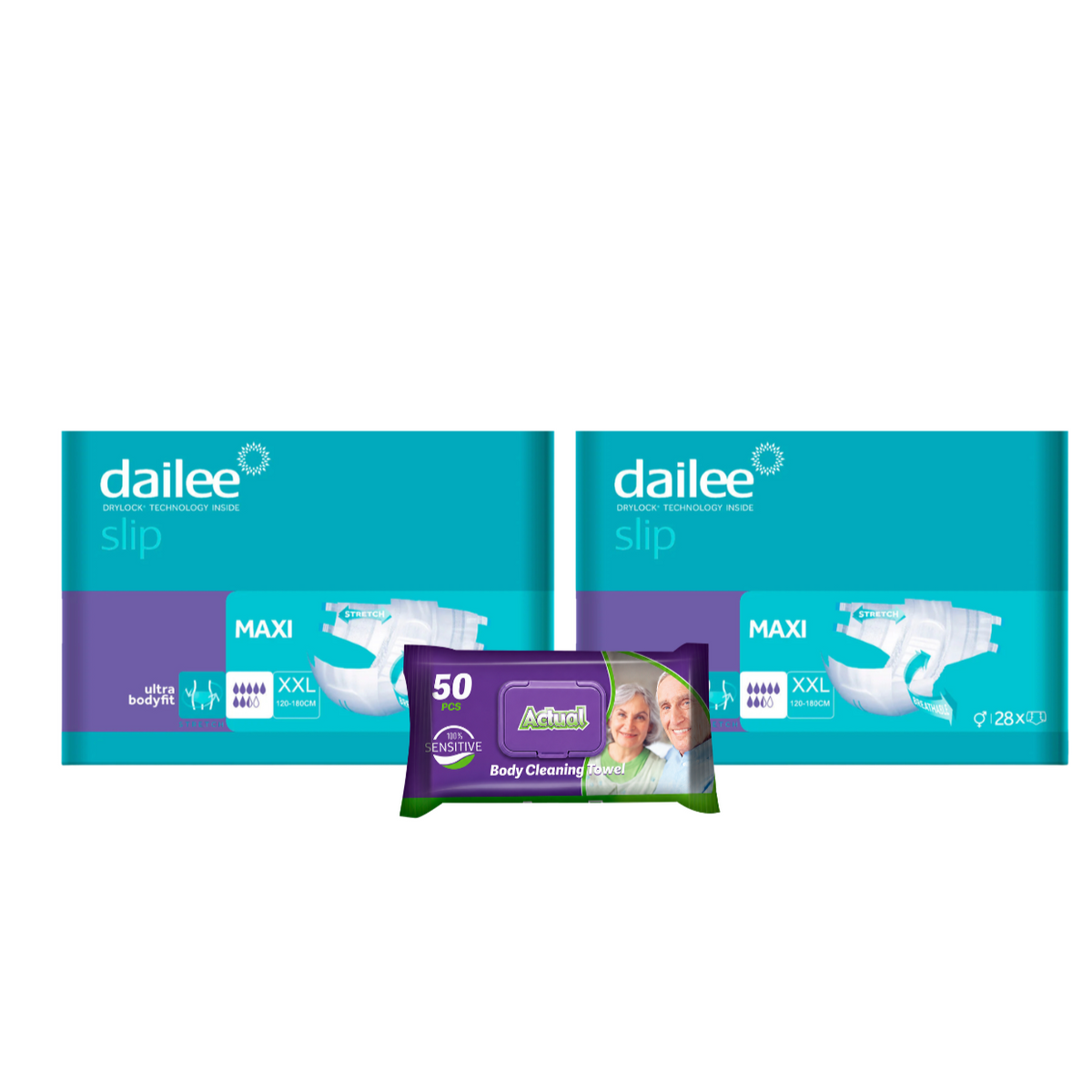 2x DAILEE SLIP Maxi Scutece Adult 7.5 Pic XXL + 1x Servetele umede Actual, 50 buc (cadou)