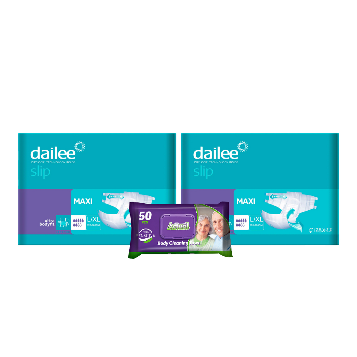 2x DAILEE SLIP Maxi Scutece Adult 7.5Pic. L/XL 28 + 1x Servetele umede Actual, 50 buc (cadou)