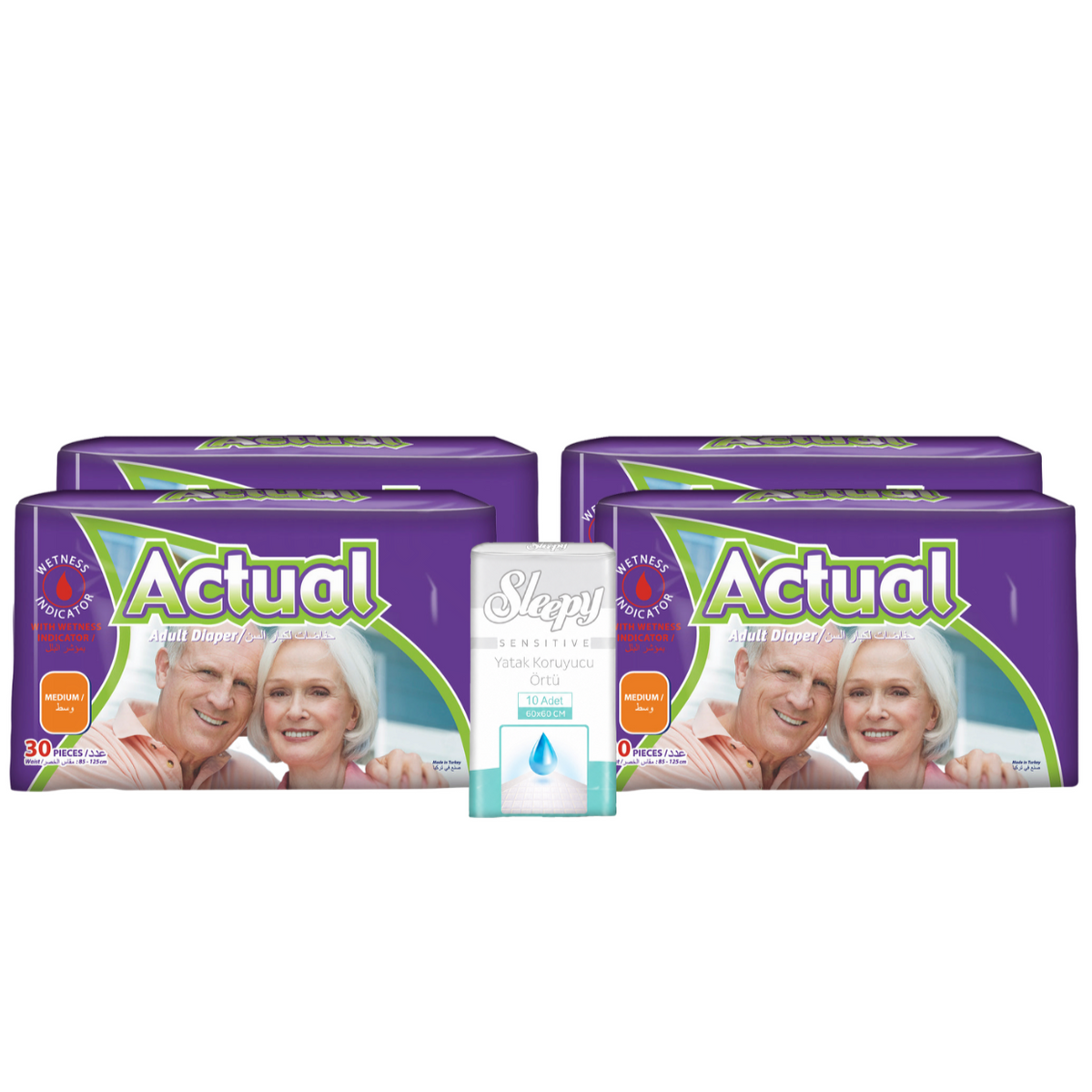 4x ACTUAL Scutece Adult  M - 30 buc + 1x SLEEPY SENSITIVE Aleze Igienice 60x60cm 10 buc (cadou)