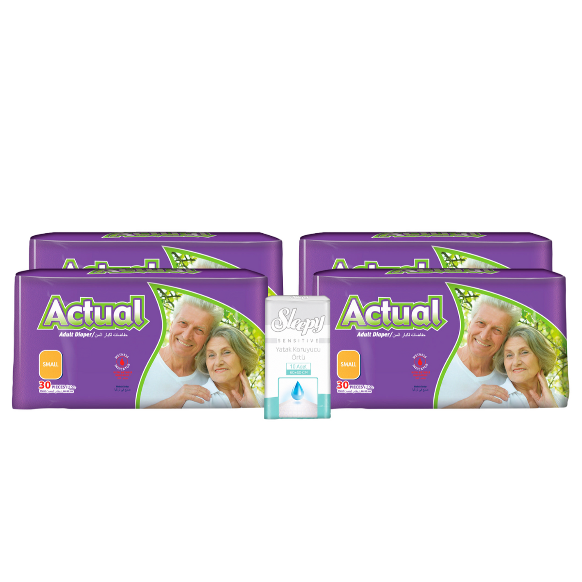 4x ACTUAL Scutece Adult  S - 30 buc + 1x SLEEPY SENSITIVE Aleze Igienice 60x60cm 10 buc (cadou)