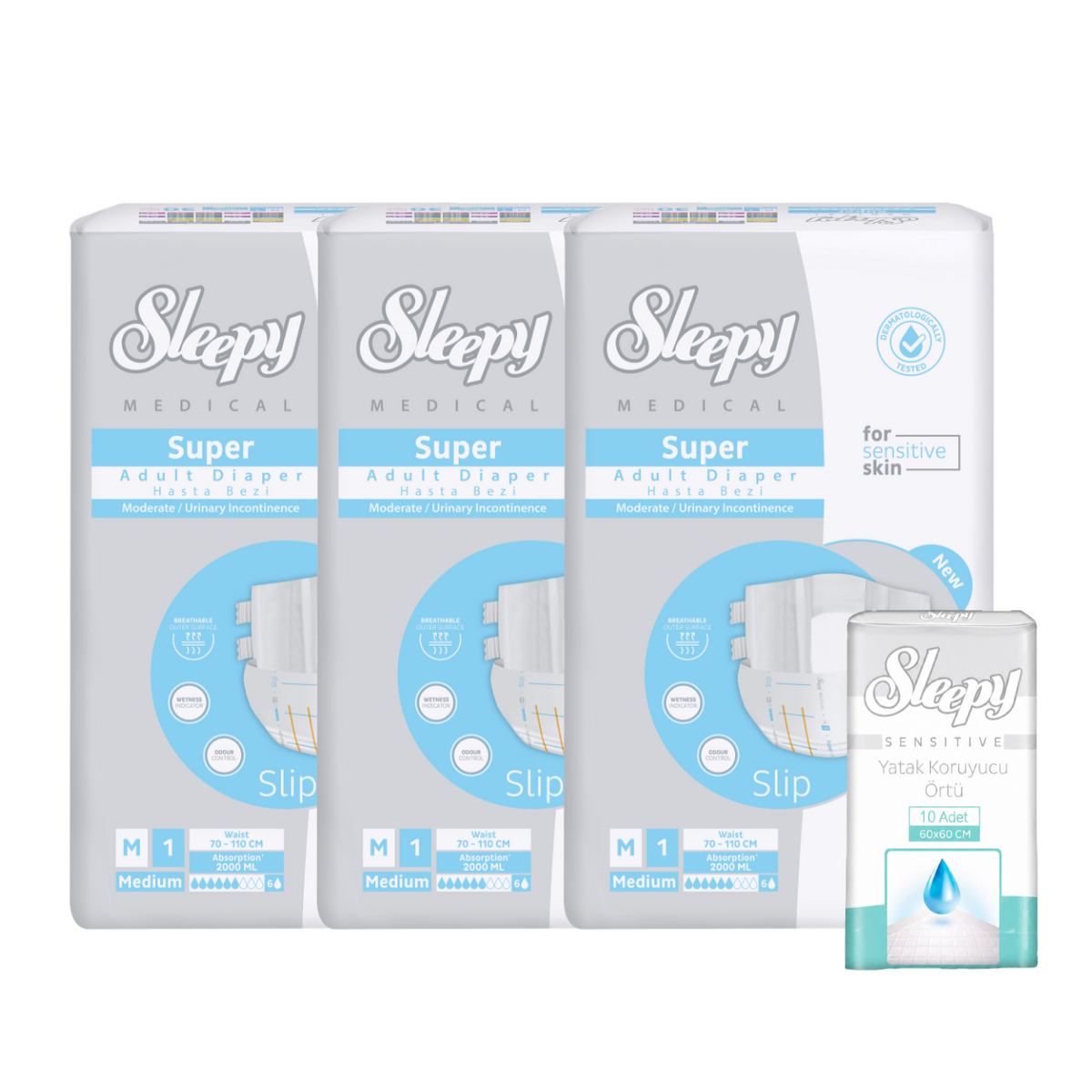 3x SLEEPY MEDICAL SUPER Scutec Adult Medium M1 30 + 1x SLEEPY SENSITIVE Aleze Igienice 60x60cm 10 buc (cadou)
