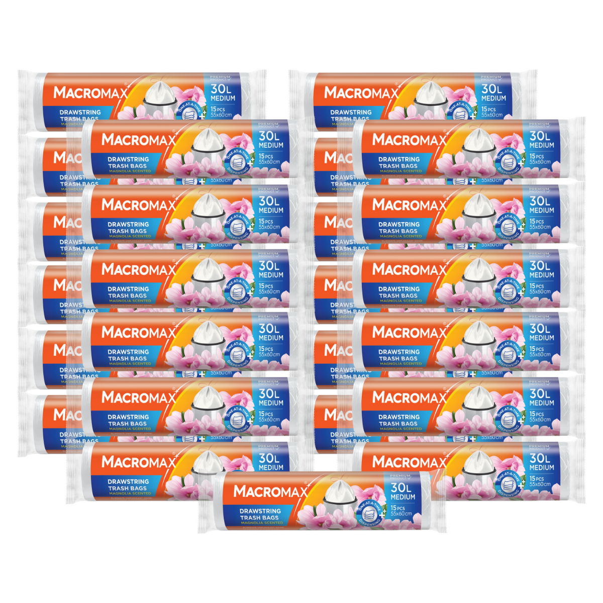 25x Saci menajeri cu șnur MACROMAX Medium 30L, Magnolia, 15 buc.