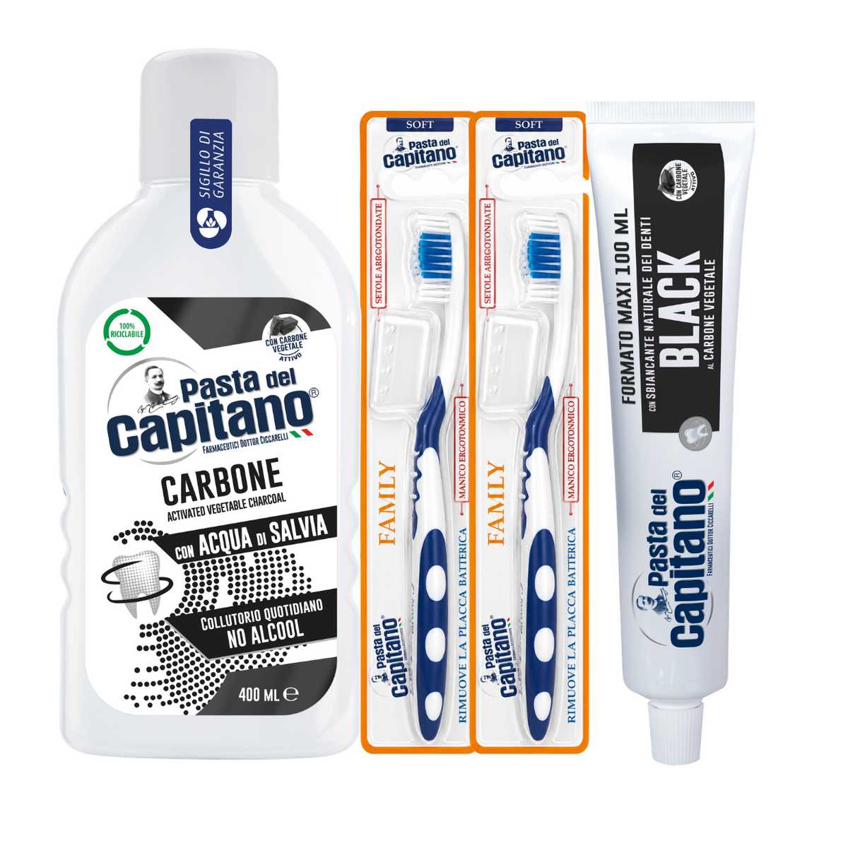 Pasta de dinti cu carbune activ Pasta del Capitano 100ml + apa de gura cu carbune activ + 2x periuta peri moi– Pachet Promo