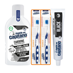 Pasta de dinti cu carbune activ Pasta del Capitano 100ml + apa de gura cu carbune activ + 2x periuta peri moi– Pachet Promo