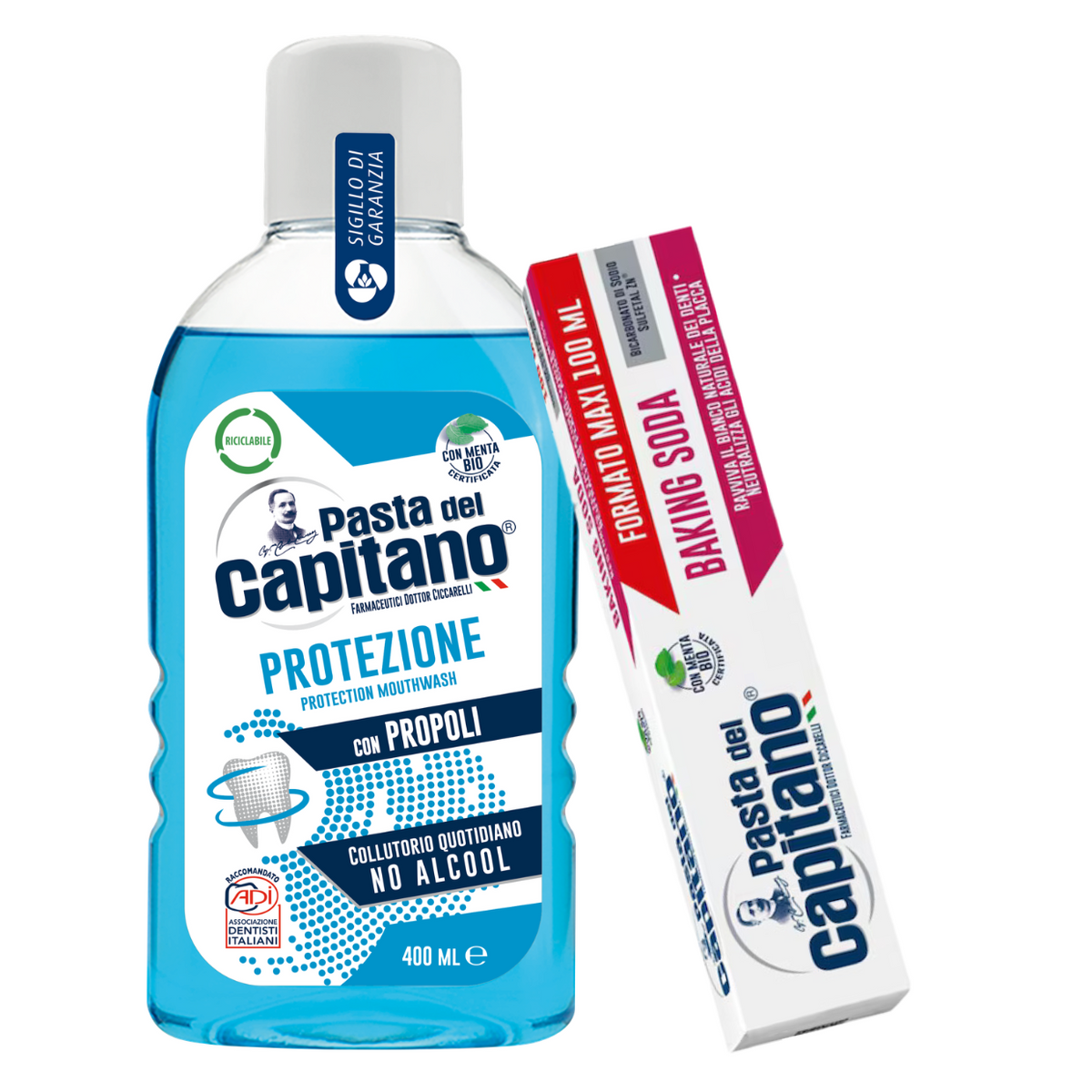 Pasta de dinti cu bicarbonat de sodiu 100ml Pasta del Capitano + apa de gura pentru protectie- Pachet Promo