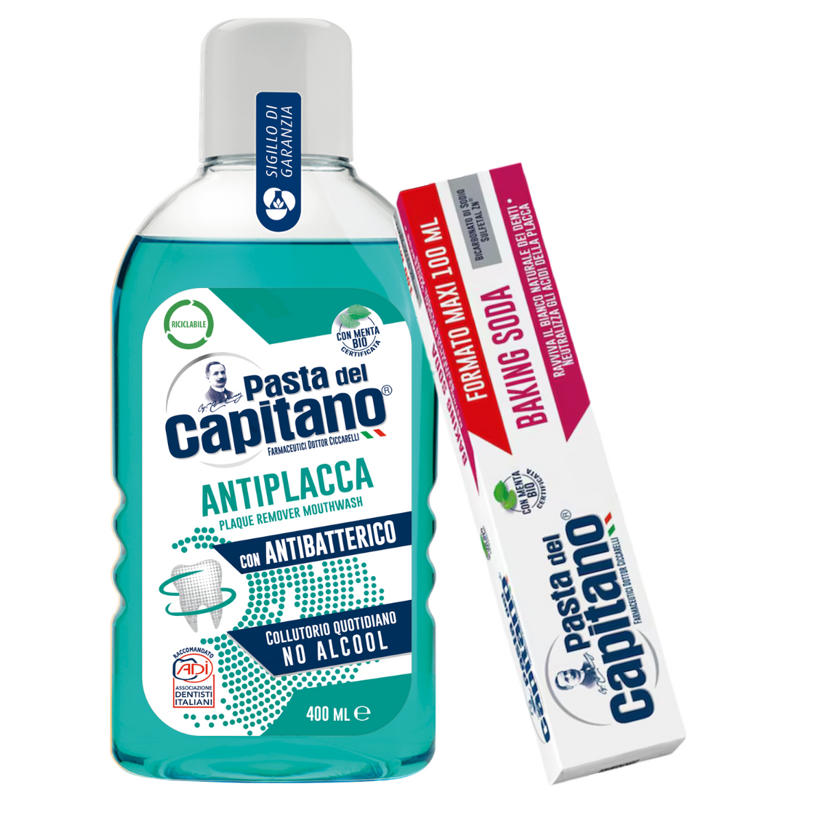 Pasta de dinti cu bicarbonat de sodiu 100ml Pasta del Capitano + apa de gura antiplaca - Pachet Promo