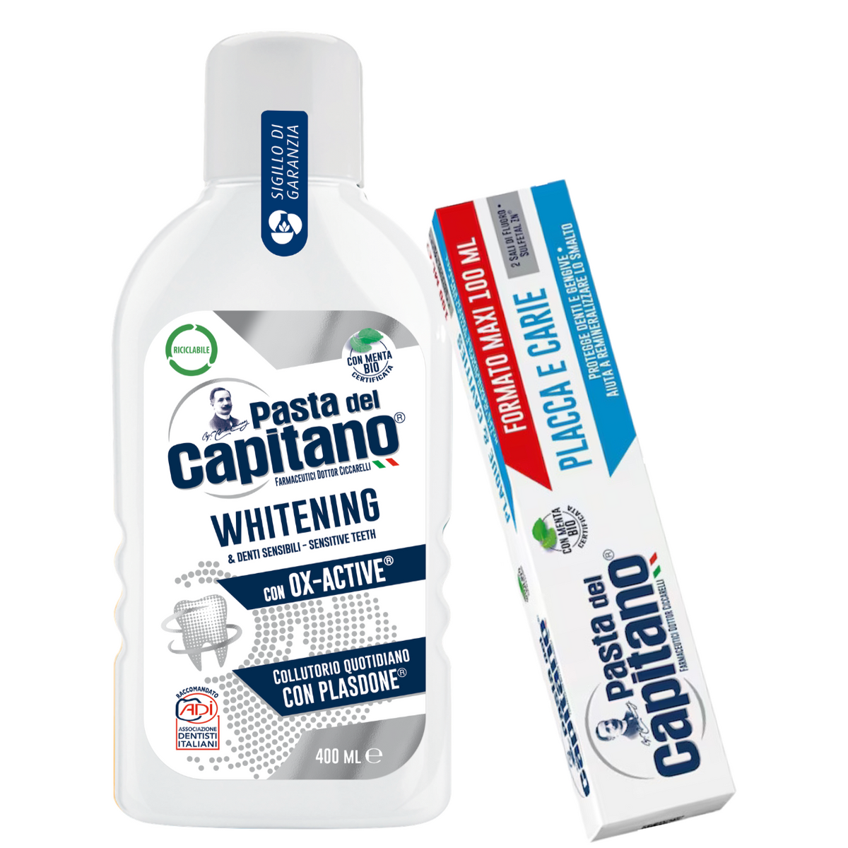 Pasta de dinti impotriva placii si cariilor 100ml Pasta del Capitano + apa de gura pentru albire- Pachet Promo