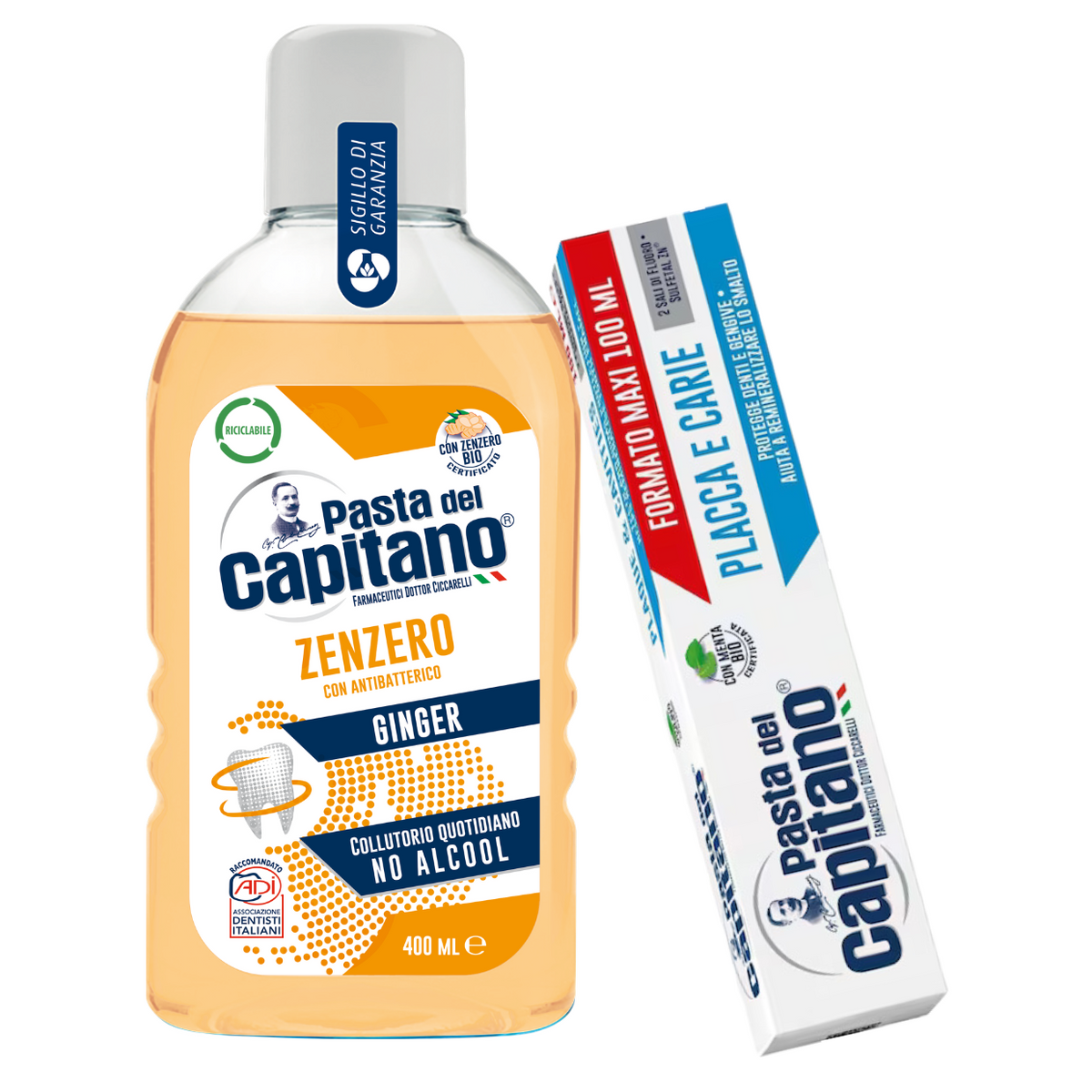 Pasta de dinti impotriva placii si cariilor 100ml Pasta del Capitano + apa de gura cu ghimbir- Pachet Promo