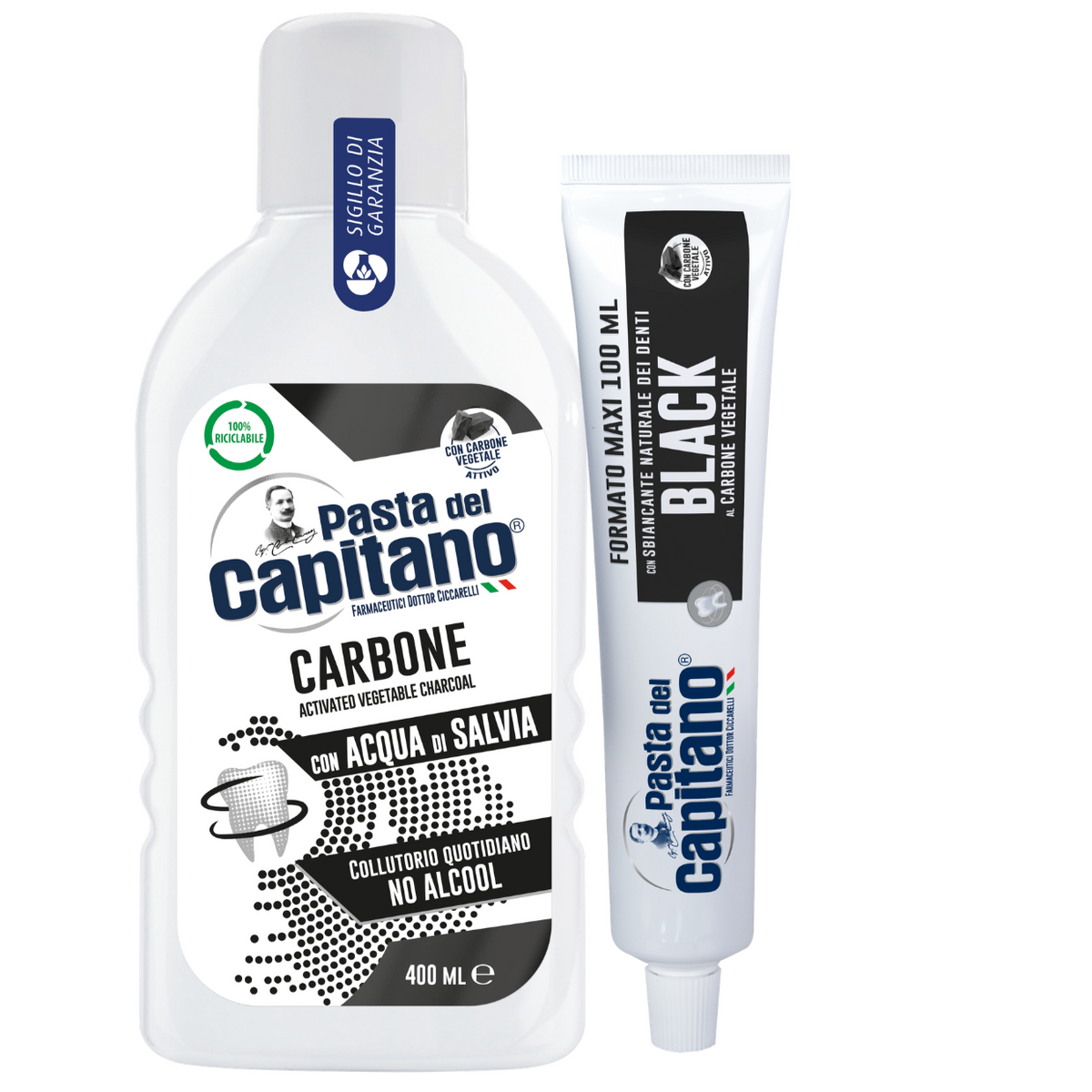 Pasta de dinti cu carbune activ 100ml Pasta del Capitano + apa de gura cu carbune activ- Pachet Promo