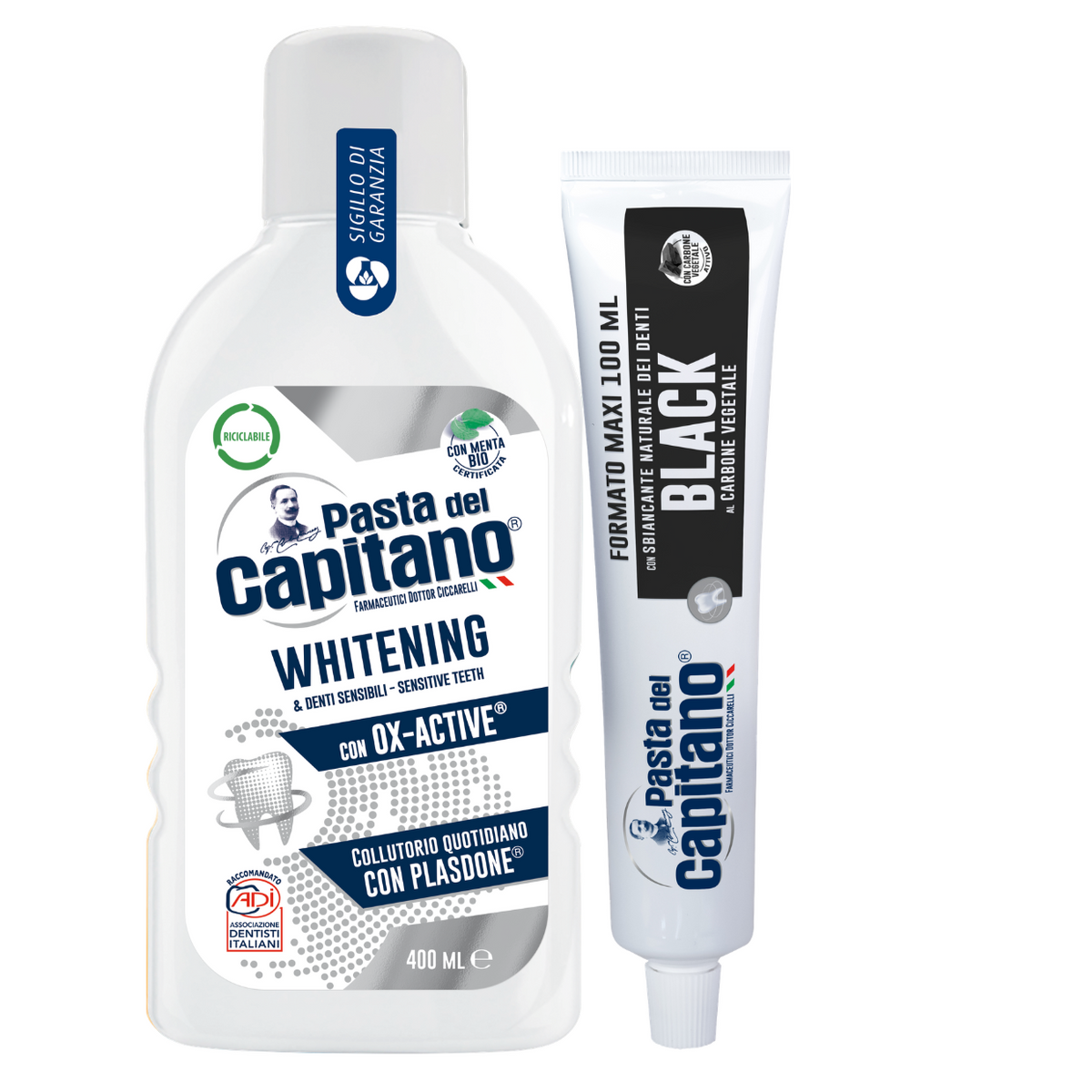Pasta de dinti cu carbune activ 100ml Pasta del Capitano + apa de gura pentru albire- Pachet Promo