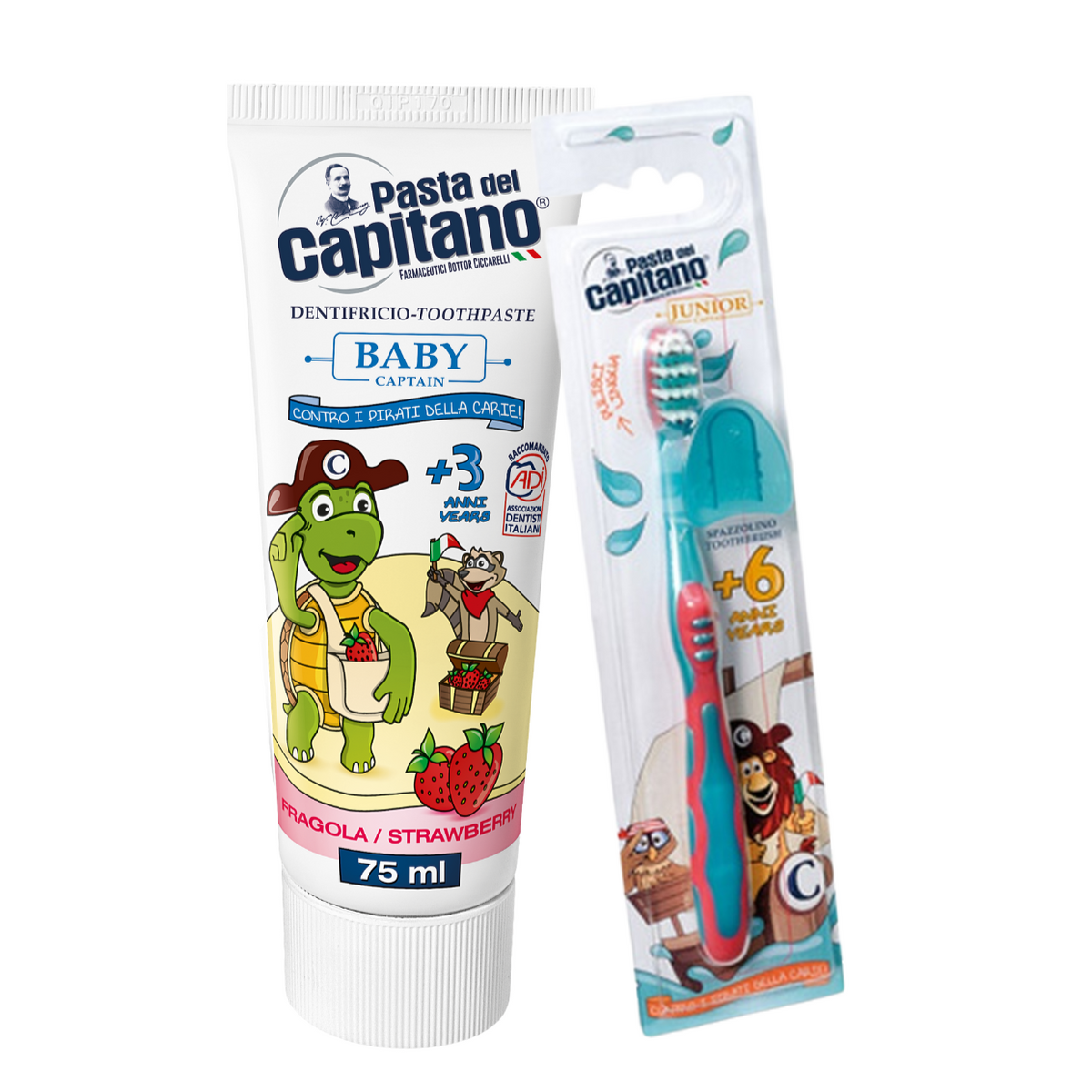 Periuta de dinti pentru copii Del Capitano Junior + Pasta de dinti cu capsuni 75 ml- Pachet Promo