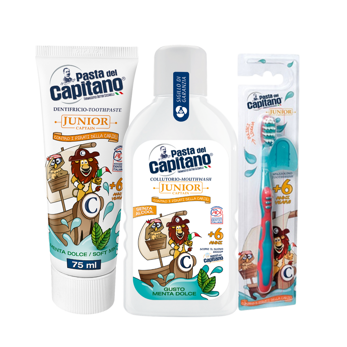Pasta de dinti Soft Mint + apa de gura Soft Mint + periuta de dinti Del Capitano Junior – Pachet Promo