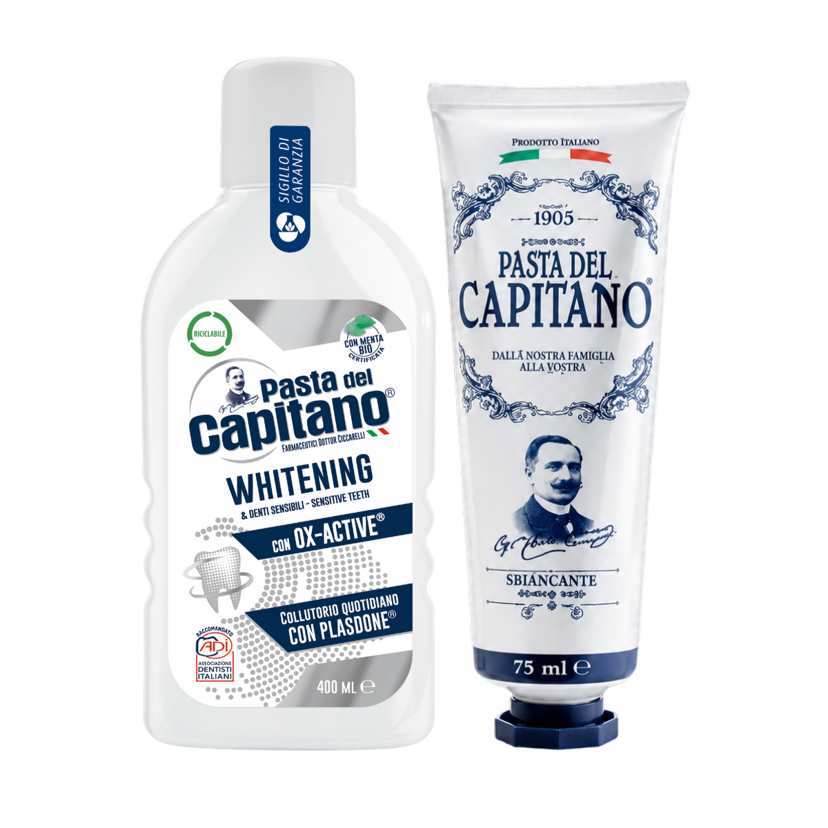 Pasta de dinti cu bicarbonat de sodiu 1905 + Apa de gura pentru albire Del Capitano – Pachet Promo