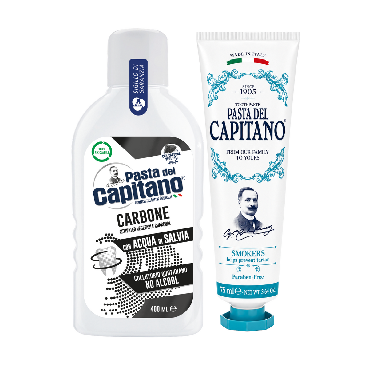 Pasta de dinti pentru fumatori 1905 + Apa de gura cu carbune activ Del Capitano - Pachet Promo