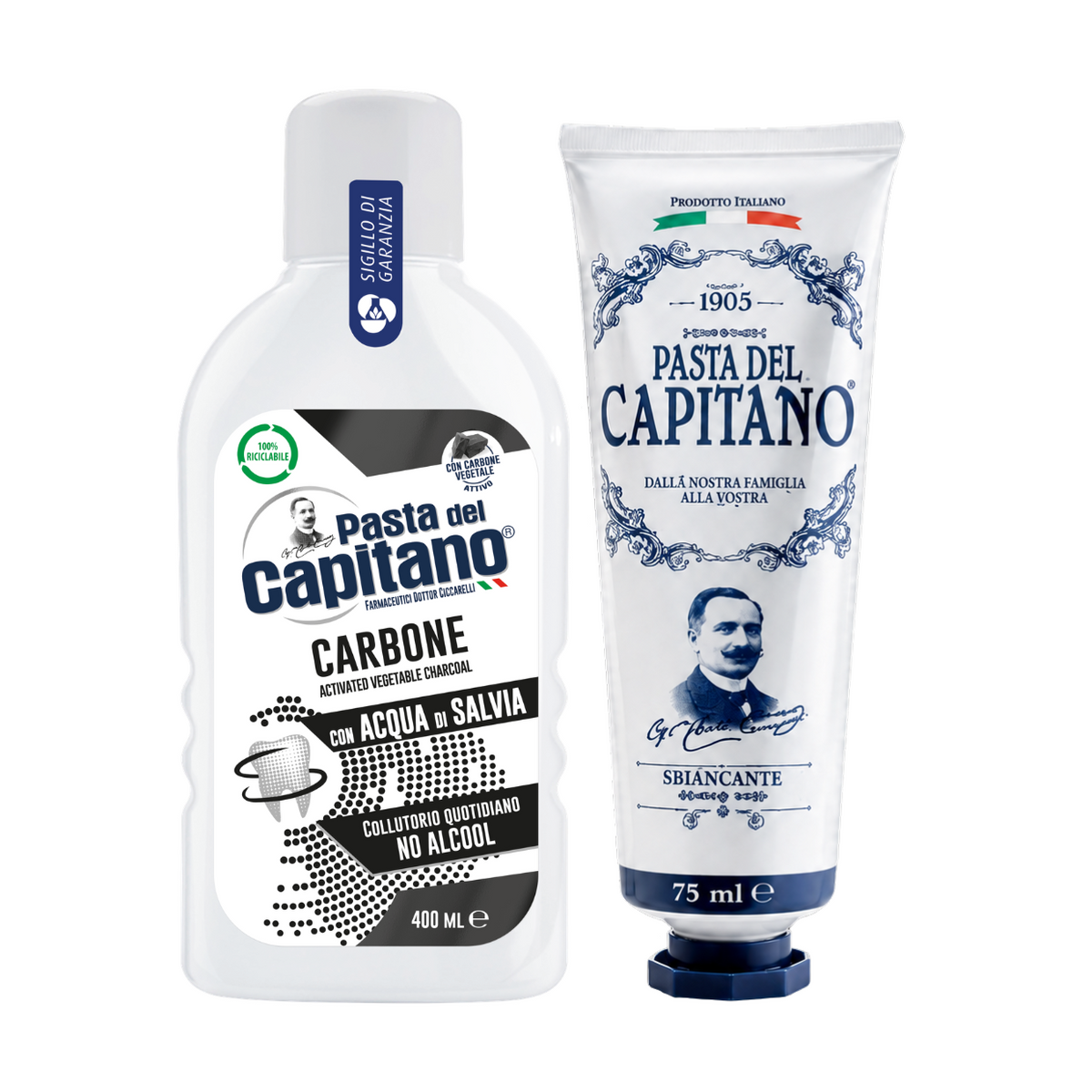 Pasta de dinti cu bicarbonat de sodiu 1905 + Apa de gura cu carbune activ Del Capitano – Pachet Promo
