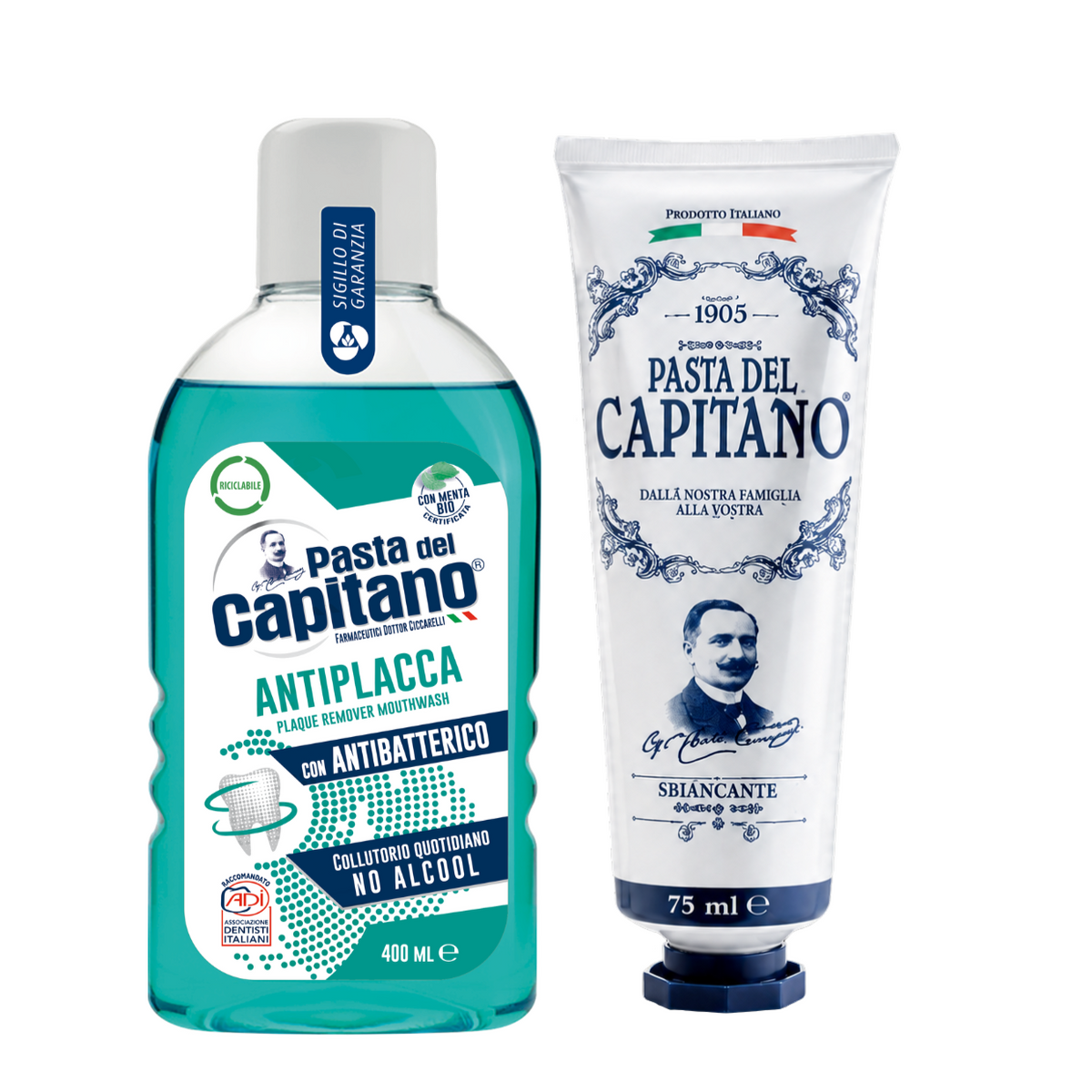 Pasta de dinti cu bicarbonat de sodiu 1905 + Apa de gura antiplaca Del Capitano – Pachet Promo