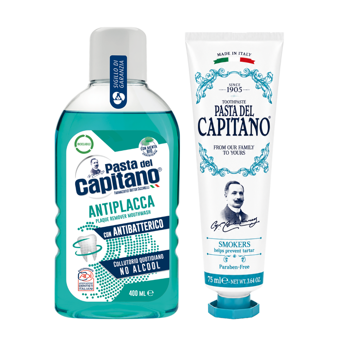 Pasta de dinti pentru fumatori 1905 + Apa de gura antiplaca Del Capitano - Pachet Promo