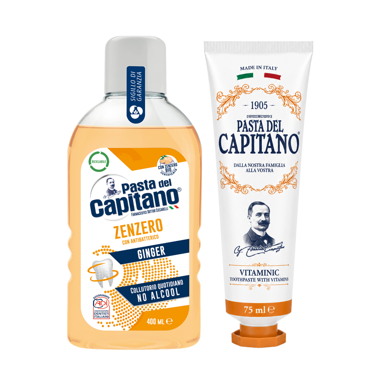 Pasta de dinti cu vitamine 1905 + Apa de gura cu ghimbir Del Capitano - Pachet Promo