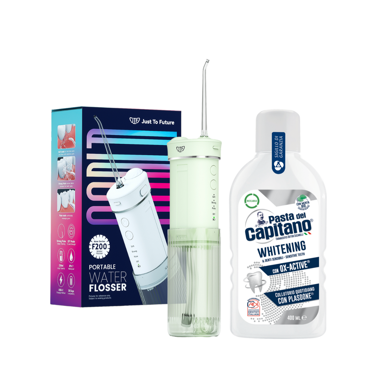 Irigator bucal portabil JTF Sonic F200 Verde + Apa de gura pentru albire Del Capitano 400ml- Pachet Promo