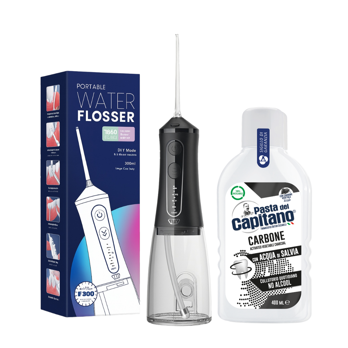 Irigator bucal portabil JTF Sonic F300 Negru + Apa de gura cu carbune activ Del Capitano 400ml- Pachet Promo