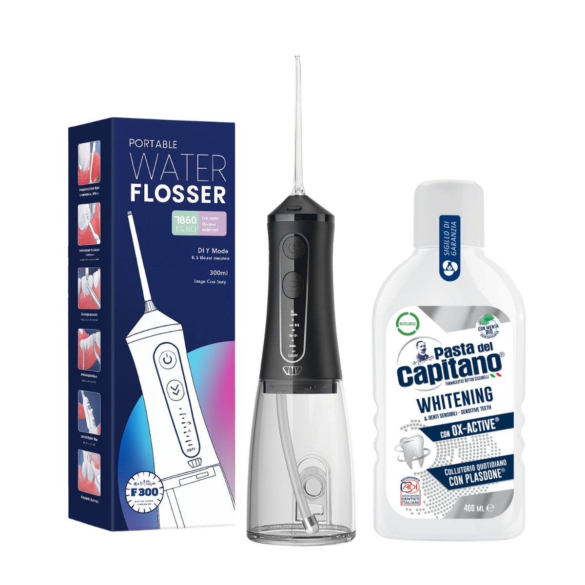 Irigator bucal portabil JTF Sonic F300 Negru + Apa de gura pentru albire Del Capitano 400ml- Pachet Promo