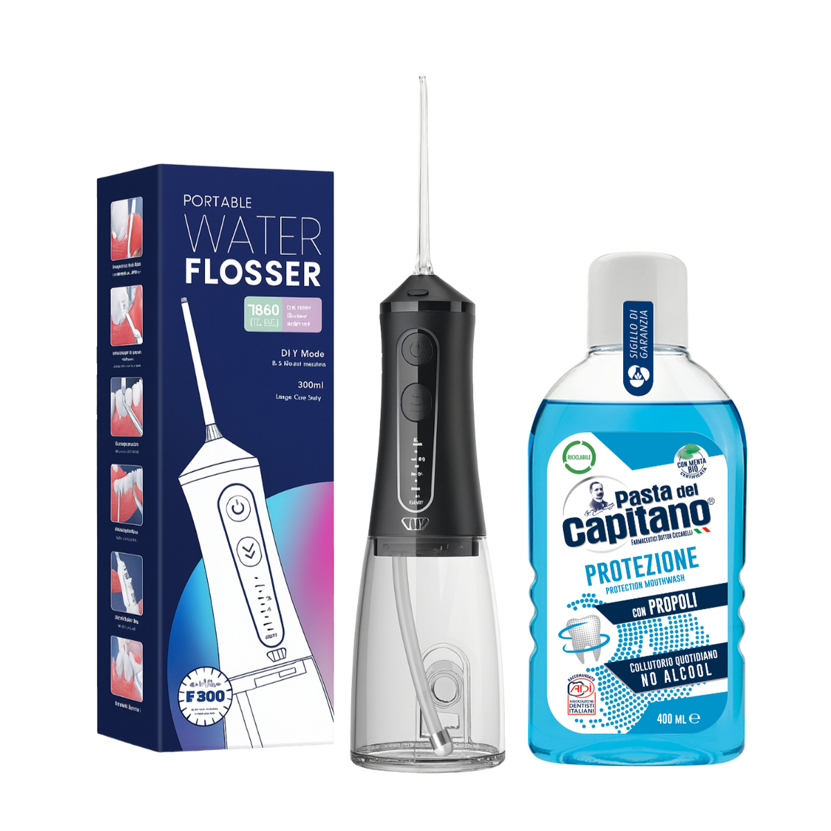 Irigator bucal portabil JTF Sonic F300 Negru + Apa de gura pentru protectie Del Capitano 400ml- Pachet Promo