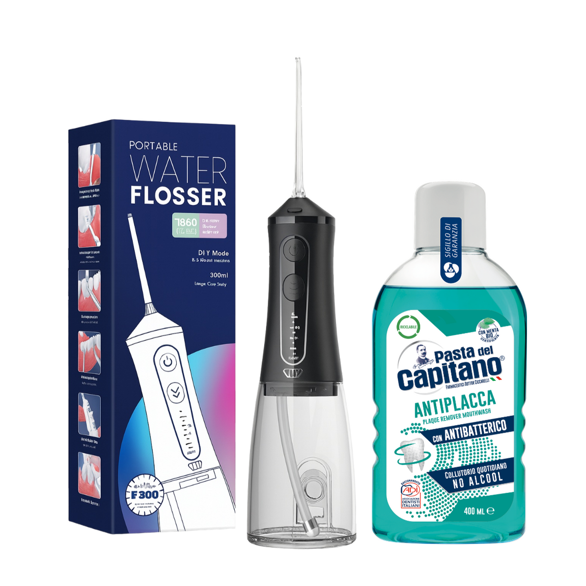Irigator bucal portabil JTF Sonic F300 Negru + Apa de gura antiplaca Del Capitano 400ml- Pachet Promo