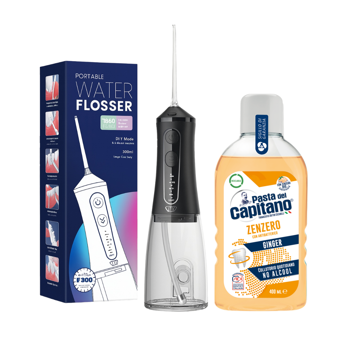 Irigator bucal portabil JTF Sonic F300 Negru + Apa de gura cu ghimbir Del Capitano 400ml- Pachet Promo