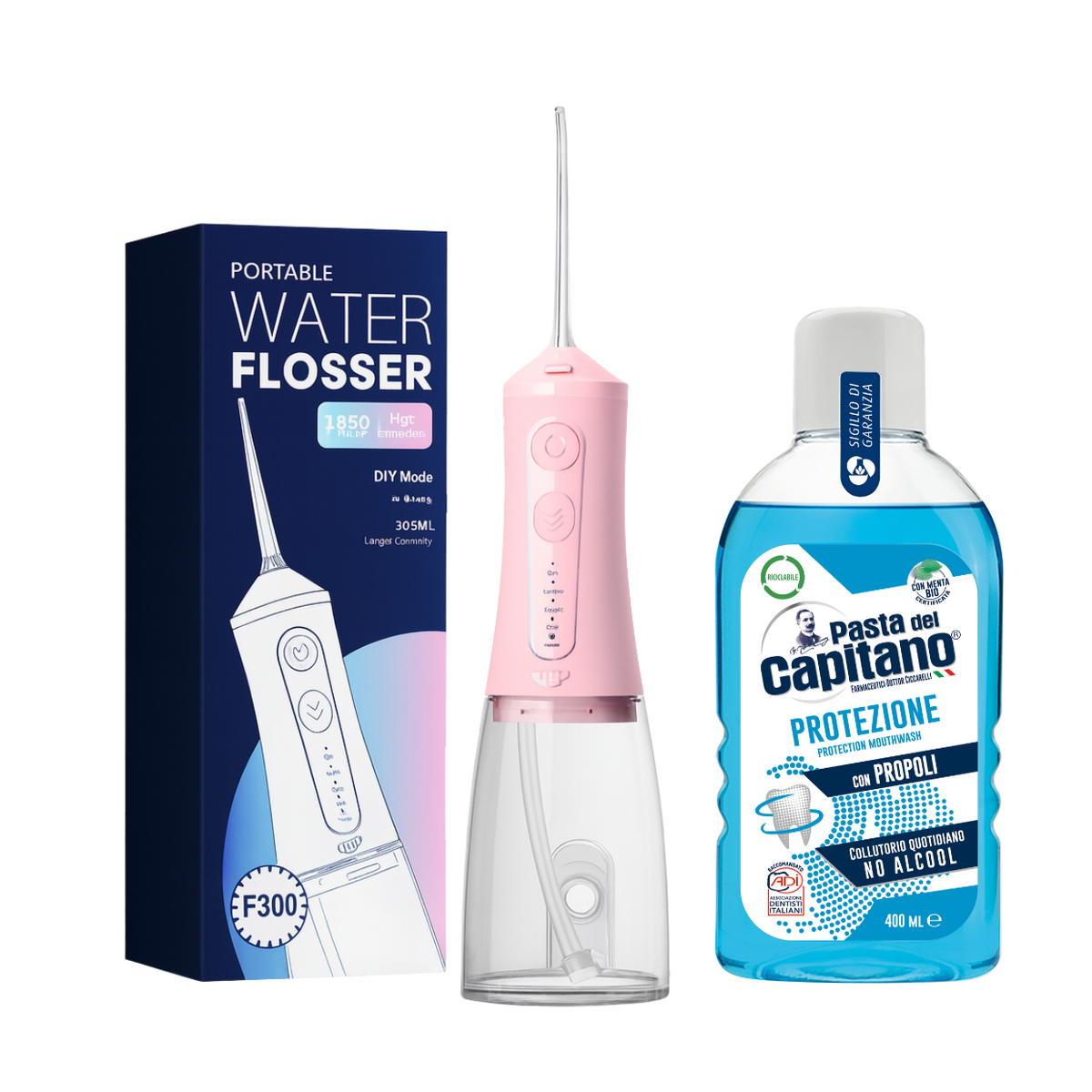 Irigator bucal portabil JTF Sonic F300 Roz + Apa de gura pentru protectie Del Capitano 400ml- Pachet Promo
