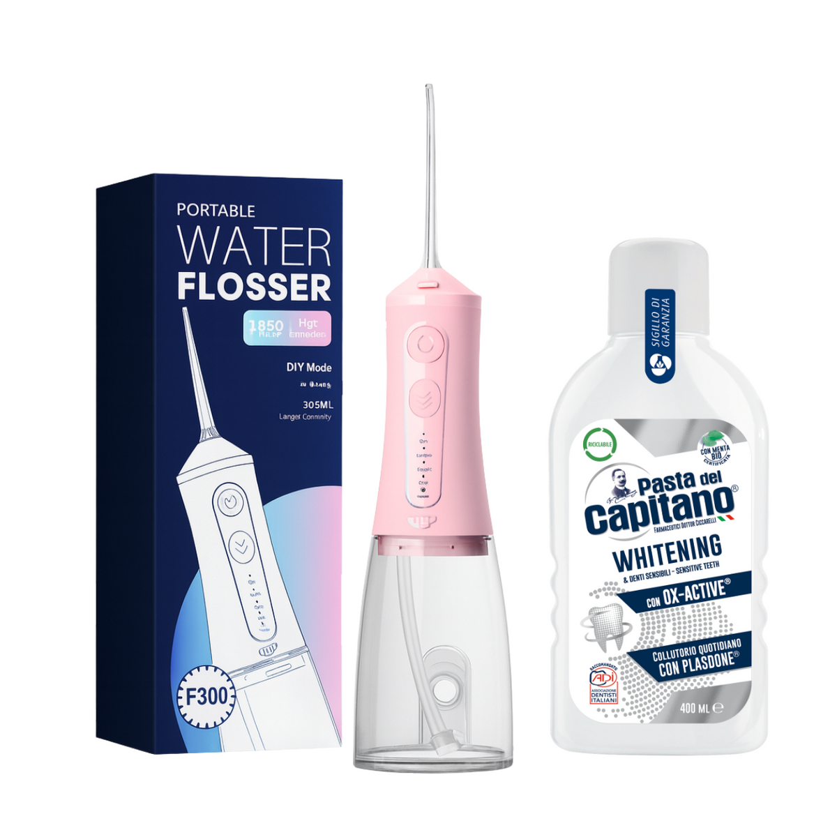 Irigator bucal portabil JTF Sonic F300 Roz + Apa de gura pentru albire Del Capitano 400ml- Pachet Promo