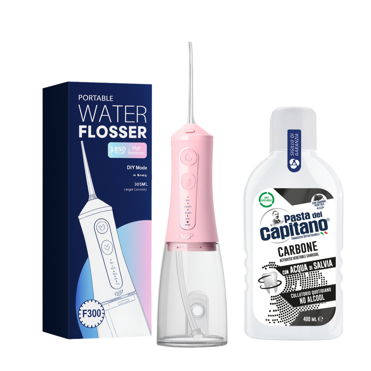 Irigator bucal portabil JTF Sonic F300 Roz + Apa de gura cu carbune activ Del Capitano 400ml- Pachet Promo