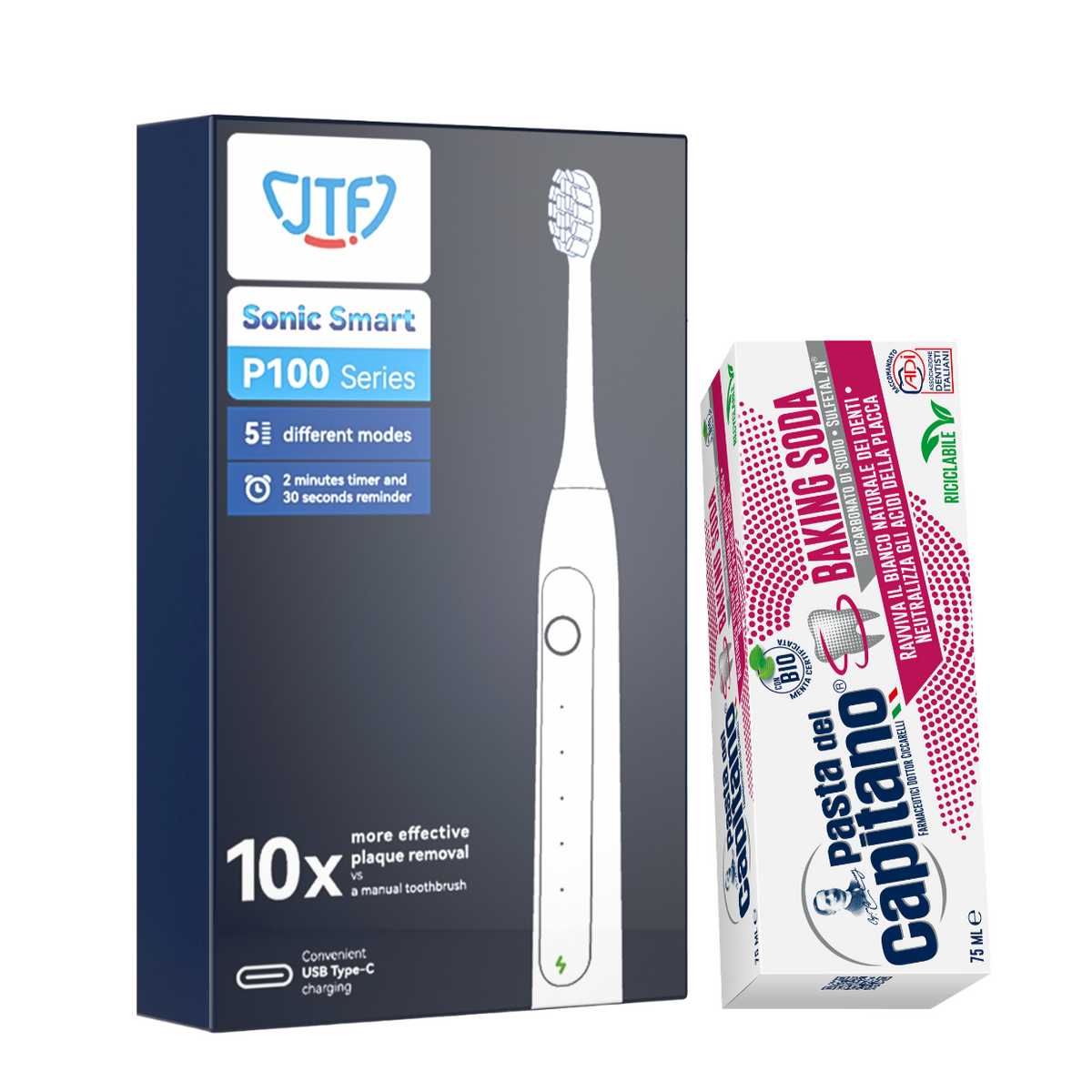 Periuta de dinti electrica JTF Sonic P100 Negru + Pasta de dinti cu bicarbonat de sodiu Del Capitano 75ml- Pachet Promo